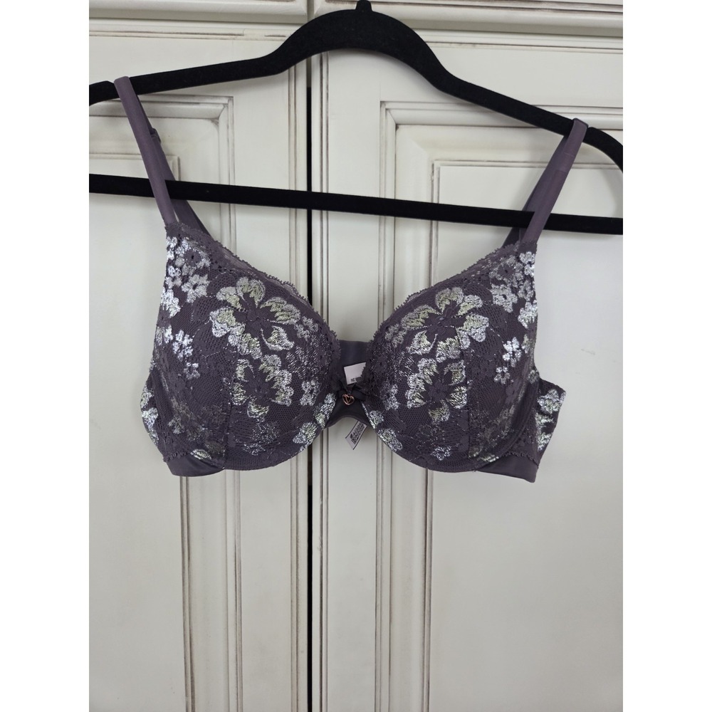 Body By Victoria Perfect Shape Bra 34b Metallic Shimmer Floral mesh Lace Grey